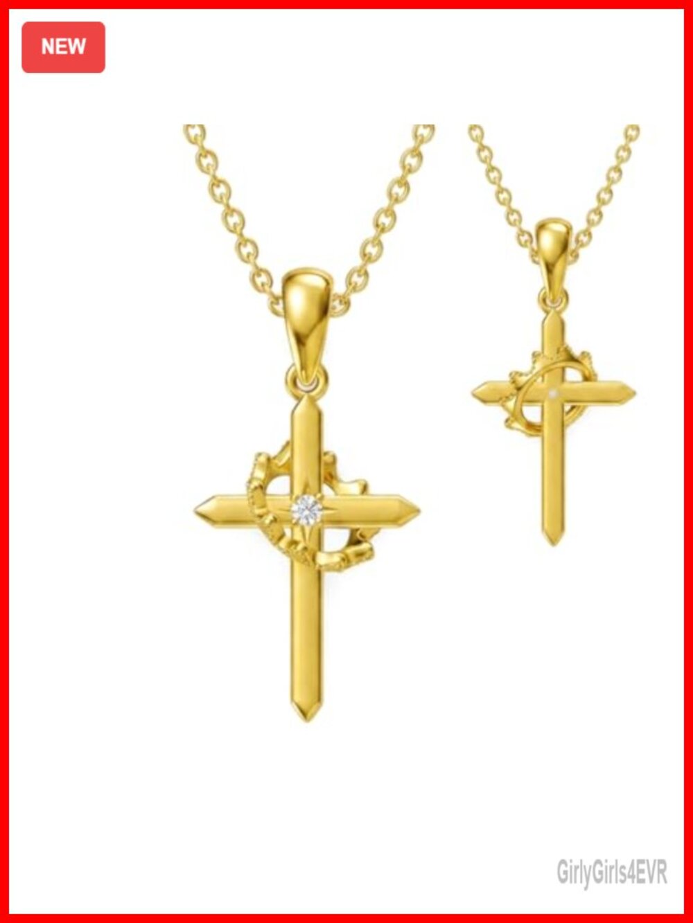 10K Gold Cross Necklace Crown Pendant 5A Zircon Christian Jewelry Gift